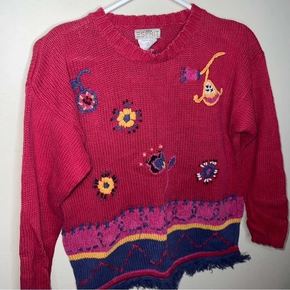 Vintage Esprit Kids Knit Fringe Hem Sweater Size Medium